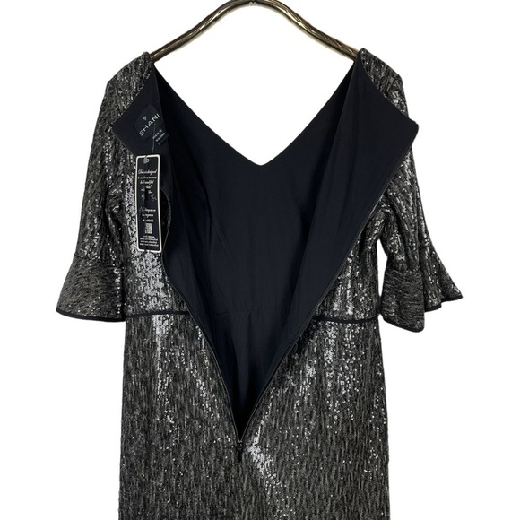 SHANI S-2025 SEQUIN RUFFLE HALF SLEEVE GRAY SILVER HOLIDAY COCKTAIL DRESS - Picture 10 of 14